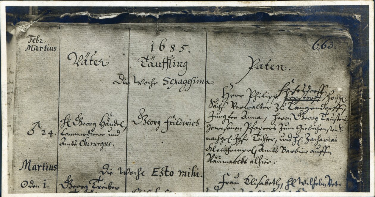 जर्मनी, 1685 के मार्कटर्क के चर्च रजिस्टर से हेंडल के बपतिस्मा का प्रवेश द्वारा जर्मन स्कूल