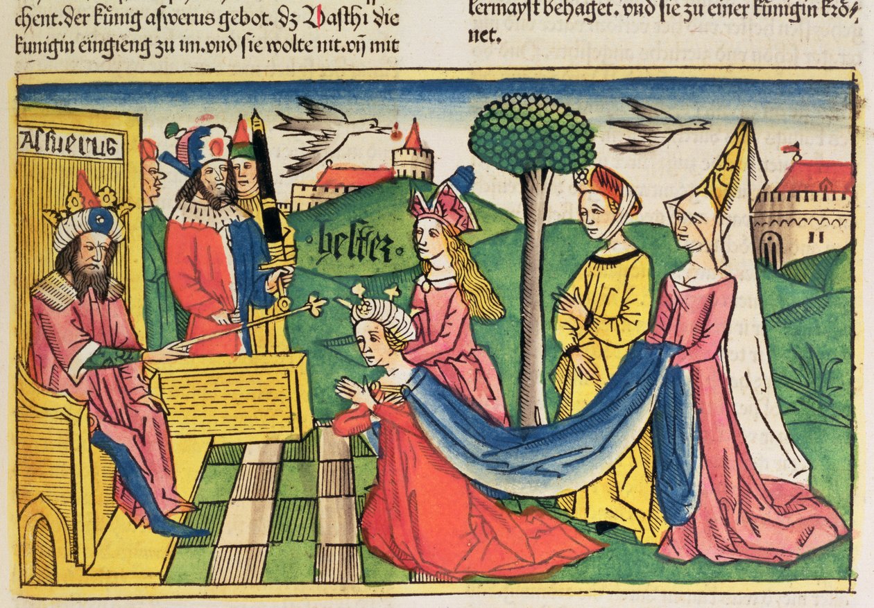 एस्तेर 2 15-18, एस्तेर को नूर्नबर्ग बाइबिल (Biblia Sacra Germanaica) (रंगीन लकड़बग्घा) से फारसी राजा अहासेरुस द्वारा रानी चुना जाता है। द्वारा जर्मन स्कूल