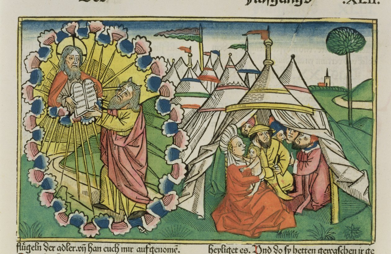 निर्गमन 20 1-5 मूसा ने दस आज्ञाएँ प्राप्त की, नूर्नबर्ग बाइबिल (Biblia Sacra Germanaica) (रंगीन लकड़बग्घा) से द्वारा जर्मन स्कूल