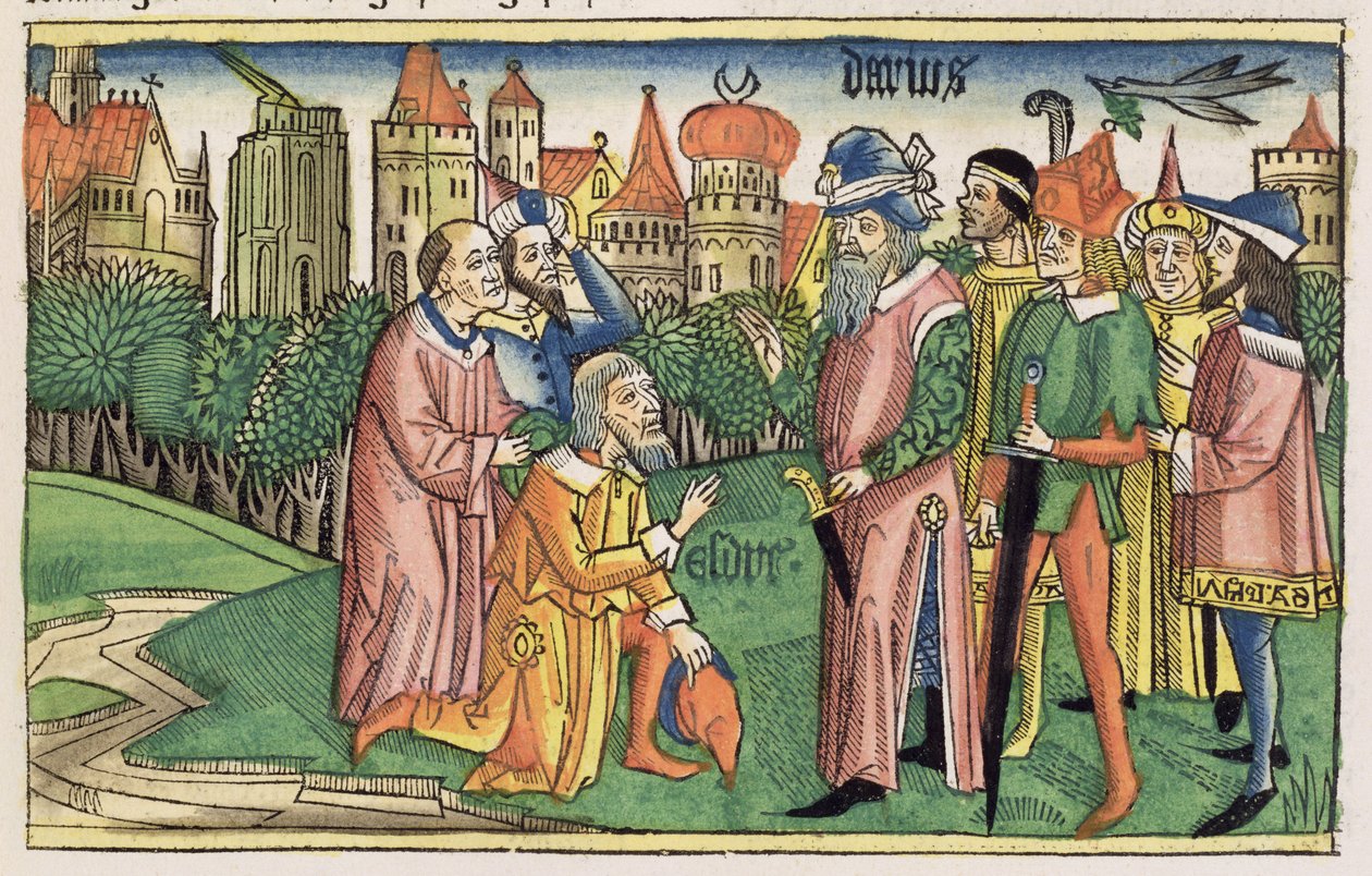एज्रा 6 16 जेरुसलम का मंदिर नूर्नबर्ग बाइबिल (Biblia Sacra Germanaica) (रंगीन लकड़बग्घा) से राजा डेरियस द्वारा समर्पित है। द्वारा जर्मन स्कूल