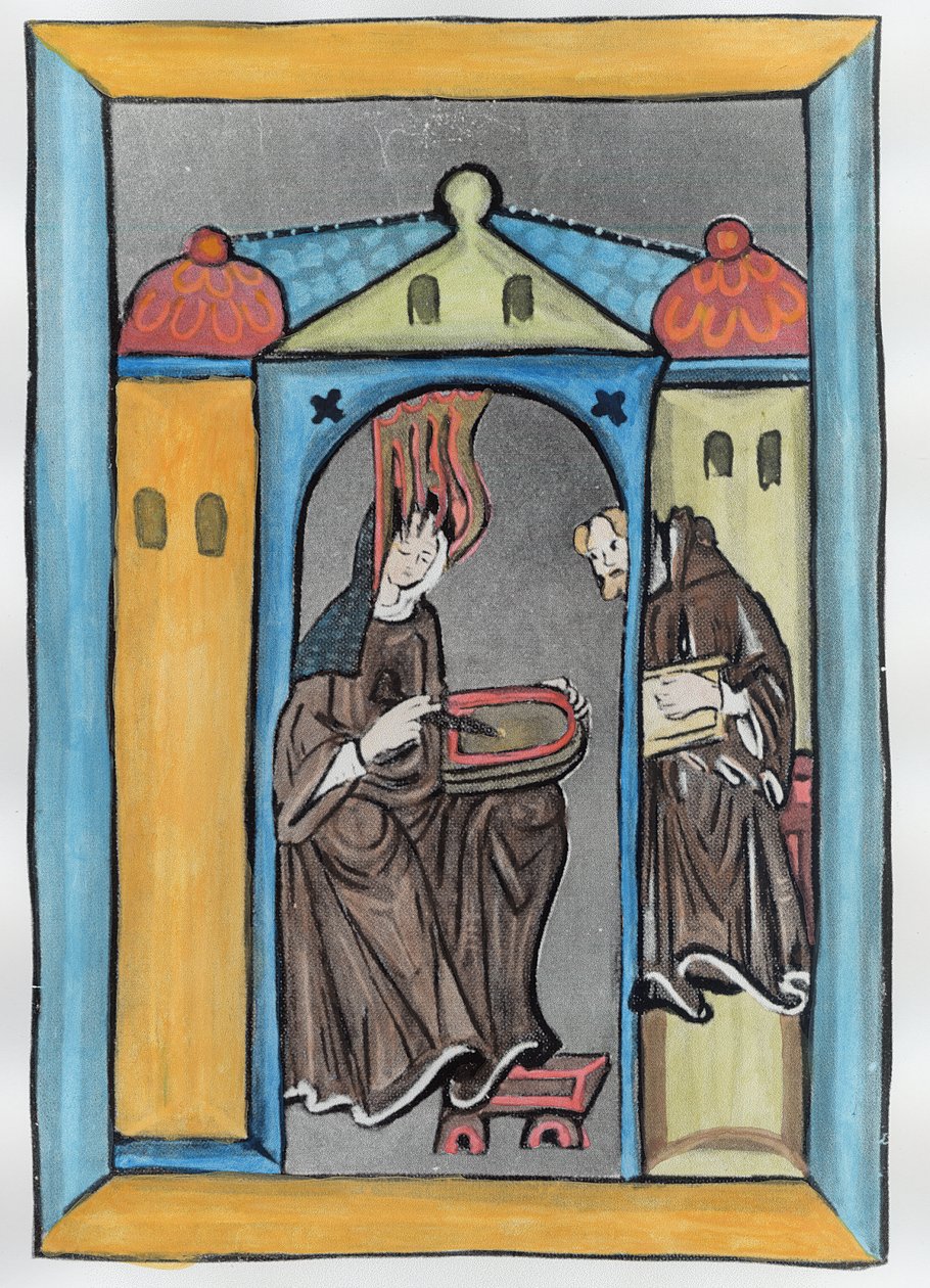 Bingen का Hildegard स्वर्ग से प्रकाश प्राप्त कर रहा है, c.1151 (बाद में Colouration) द्वारा जर्मन स्कूल