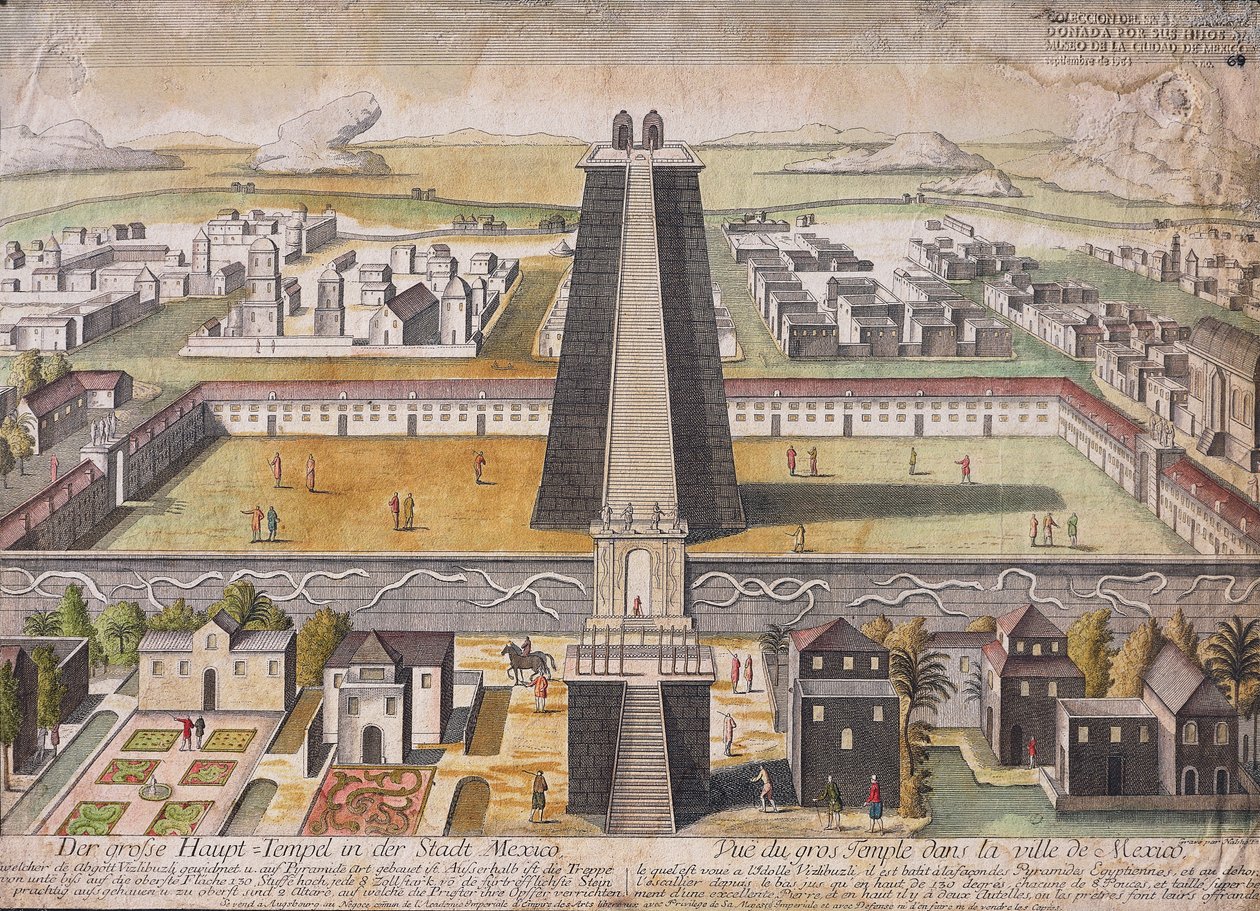 मेक्सिको सिटी में मुख्य मंदिर (टेम्पलो मेयर) का काल्पनिक पुनर्निर्माण (रंगीन उत्कीर्णन) द्वारा जर्मन स्कूल