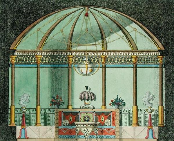 एक चीनी उद्यान मंदिर का इंटीरियर, 'हाल के नए विचारों के बगीचे' से, 1779 में प्रकाशित (रंग लिथो) द्वारा जर्मन स्कूल
