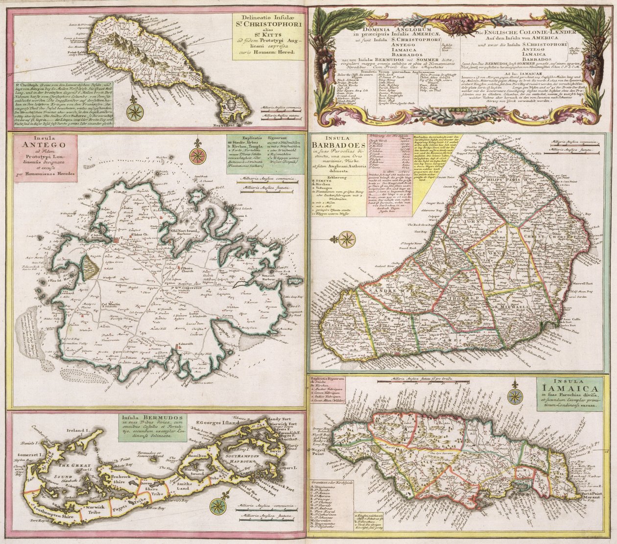 कैरिबियन में अंग्रेजी कालोनियों का नक्शा, पब। होमन वारिस, नूर्नबर्ग, c.1750 (विवरण के लिए 101837-38 देखें) द्वारा जर्मन स्कूल