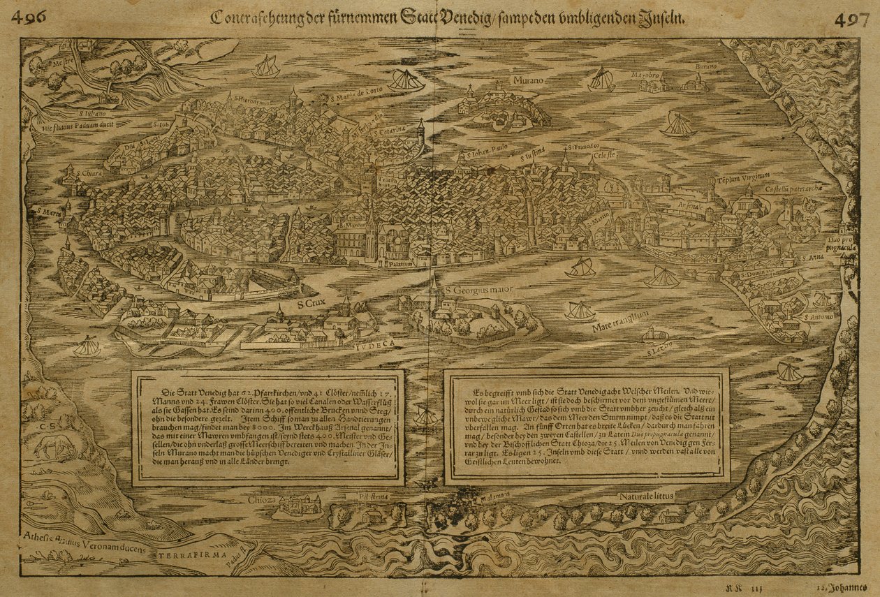वेनिस का मानचित्र, सेबेस्टियन मुंस्टर (1488-1552) द्वारा बेसल में प्रकाशित, c.1560 द्वारा जर्मन स्कूल