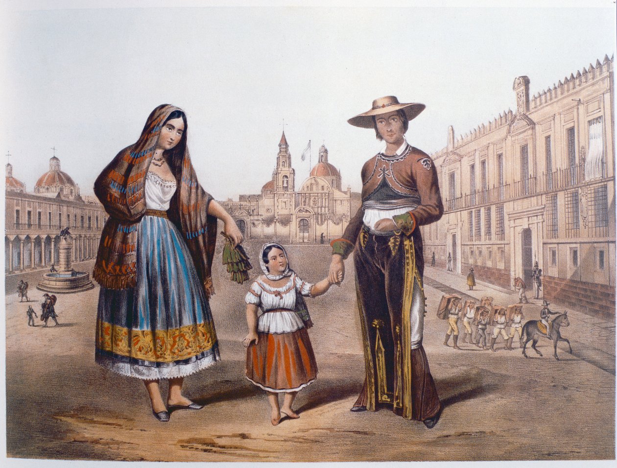 प्लाजा सैंटो डोमिंगो, मैक्सिको सिटी में मैक्सिकन परिवार, c.1840 द्वारा जर्मन स्कूल
