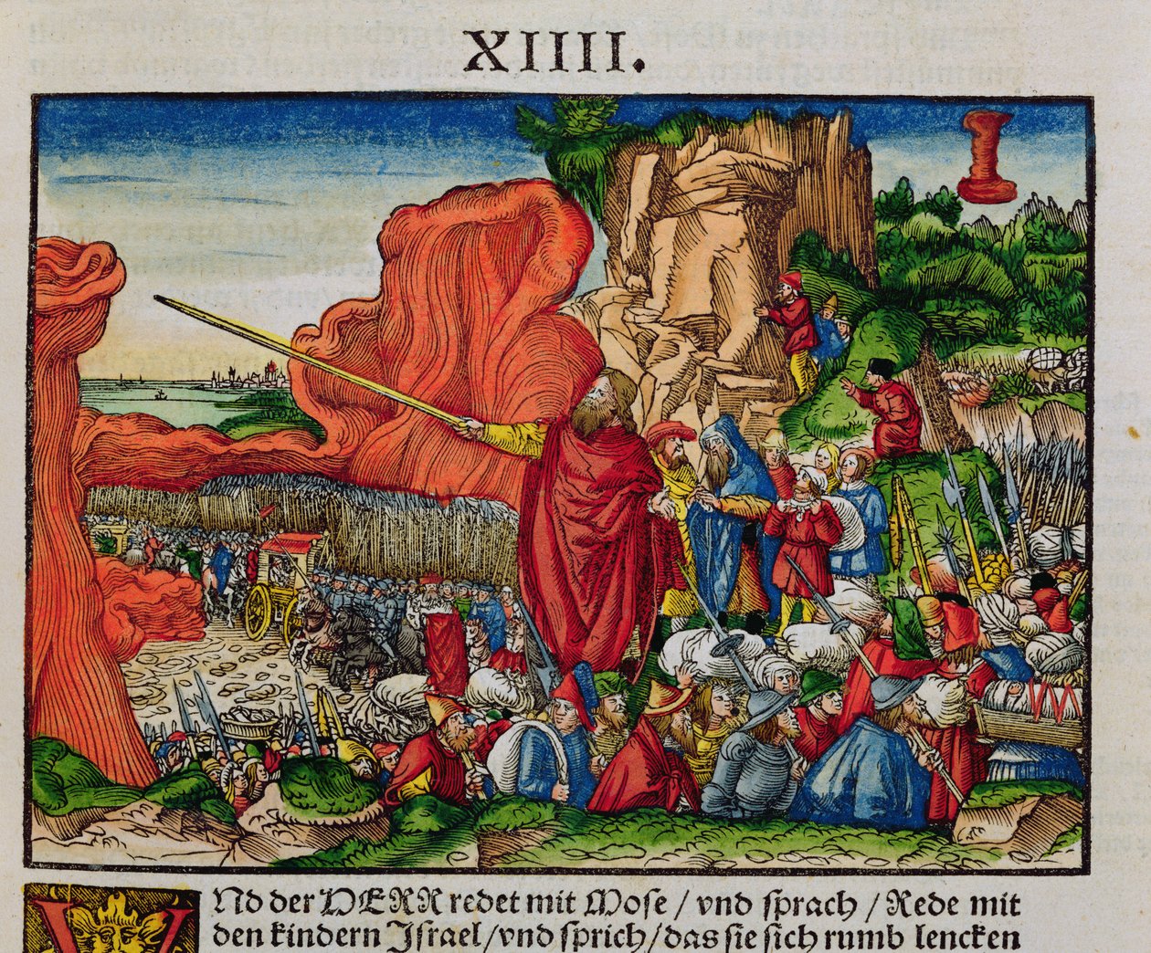 लाल सागर से मूसा लाल सागर को पार करता है, c.1530 (रंगीन लकड़ियाँ) द्वारा जर्मन स्कूल