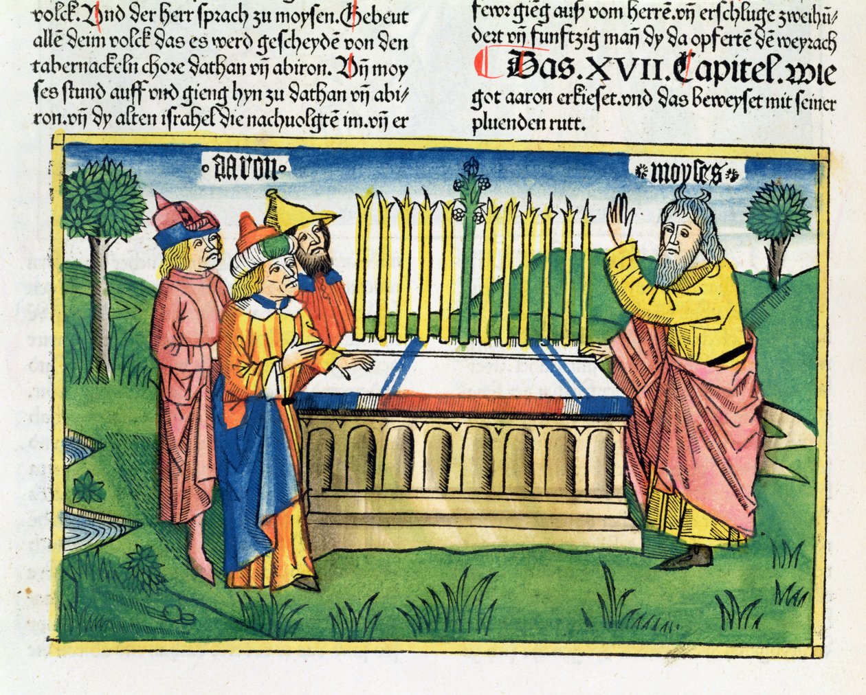 नंबर 17 1-11 हारून वेदी पर न्यूरॉन्स की बाइबिल (Biblia Sacra Germanaica) (रंगीन लकड़बग्घा) से हारून स्टाफ खड़ा है द्वारा जर्मन स्कूल