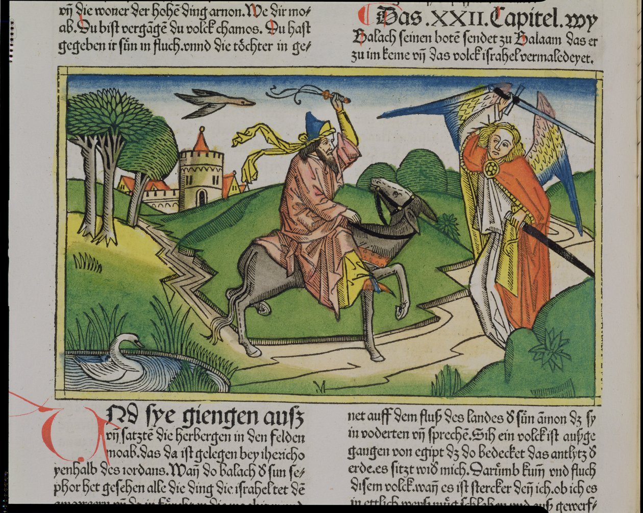 नूर्नबर्ग बाइबिल (Biblia Sacra Germanaica) (रंगीन वुडन) से संख्या 22 20-35 बालाओं की बातचीत द्वारा जर्मन स्कूल