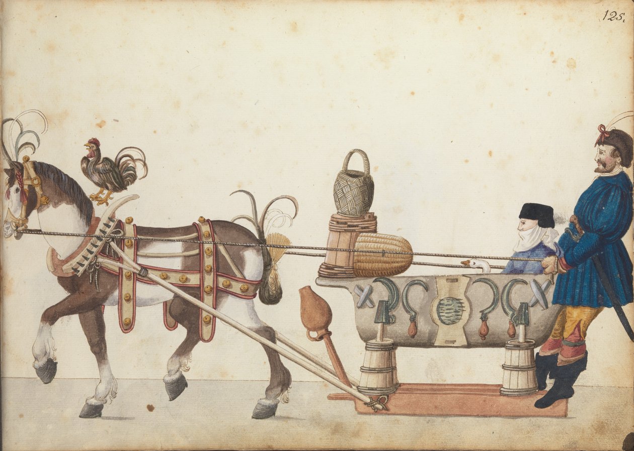 परेड में पैरागेन स्लीघ, c.1640 (कलम और स्याही, वाटर कलर और वॉश) द्वारा जर्मन स्कूल