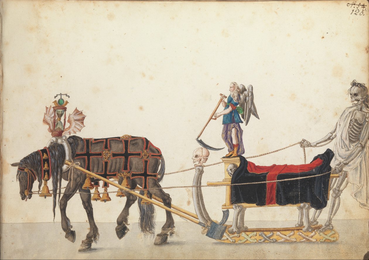 परेड में पैरागेन स्लीघ, c.1640 (कलम और स्याही, वाटर कलर और वॉश) द्वारा जर्मन स्कूल