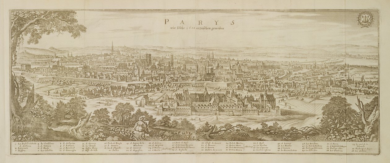 1620 में मार्टिन ज़िलर (1589-1661) द्वारा टोपोग्राफिया गैलिया से पेरिस का विहंगम दृश्य, 1655 में प्रकाशित द्वारा जर्मन स्कूल