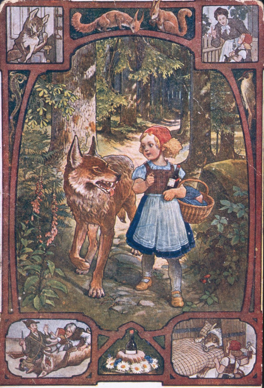 लिटिल रेड राइडिंग हूड के दृश्यों को दर्शाने वाला पोस्टकार्ड, c.1910 द्वारा जर्मन स्कूल