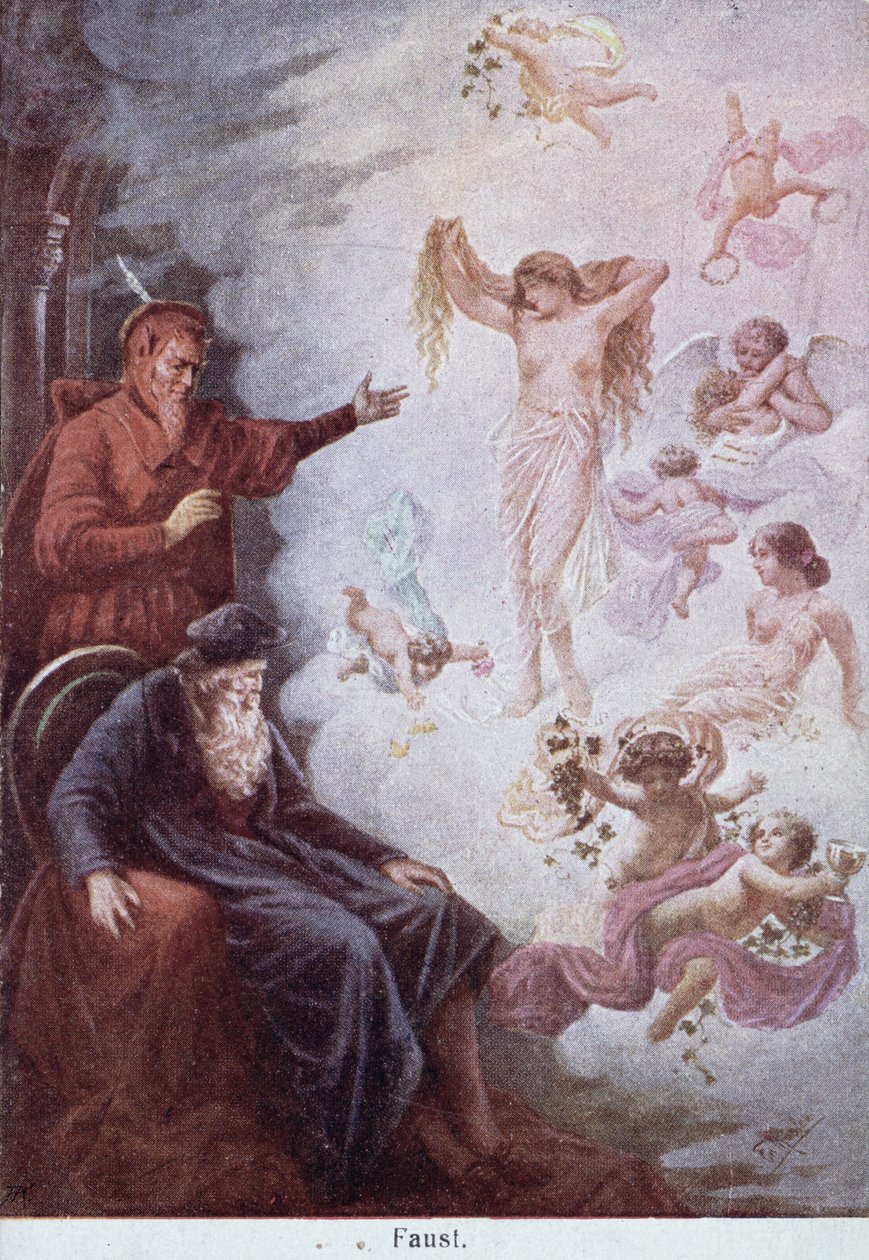 Mephistopheles द्वारा Faust के प्रलोभन को दर्शाने वाला पोस्टकार्ड, c.1905 द्वारा जर्मन स्कूल