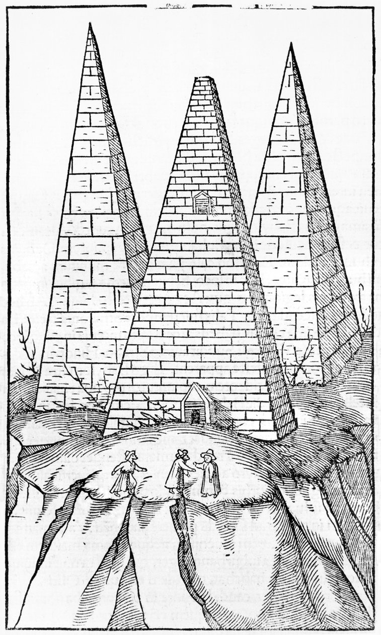 मिस्र के पिरामिड, सेबस्टियन मुंस्टर (1488-1552) बेसेल द्वारा कॉस्मोग्राफ यूनिवर्स के चित्रण, 1454 में प्रकाशित द्वारा जर्मन स्कूल