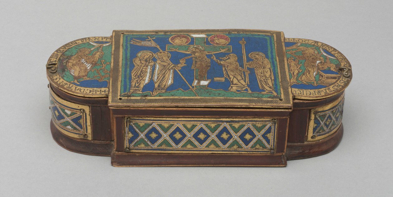 Pyx, c.1170-1180 (सोने का पानी चढ़ा हुआ तांबा, चम्पलेव और क्लोइज़न इनेमल, लकड़ी का कोर (आधुनिक)) द्वारा जर्मन स्कूल