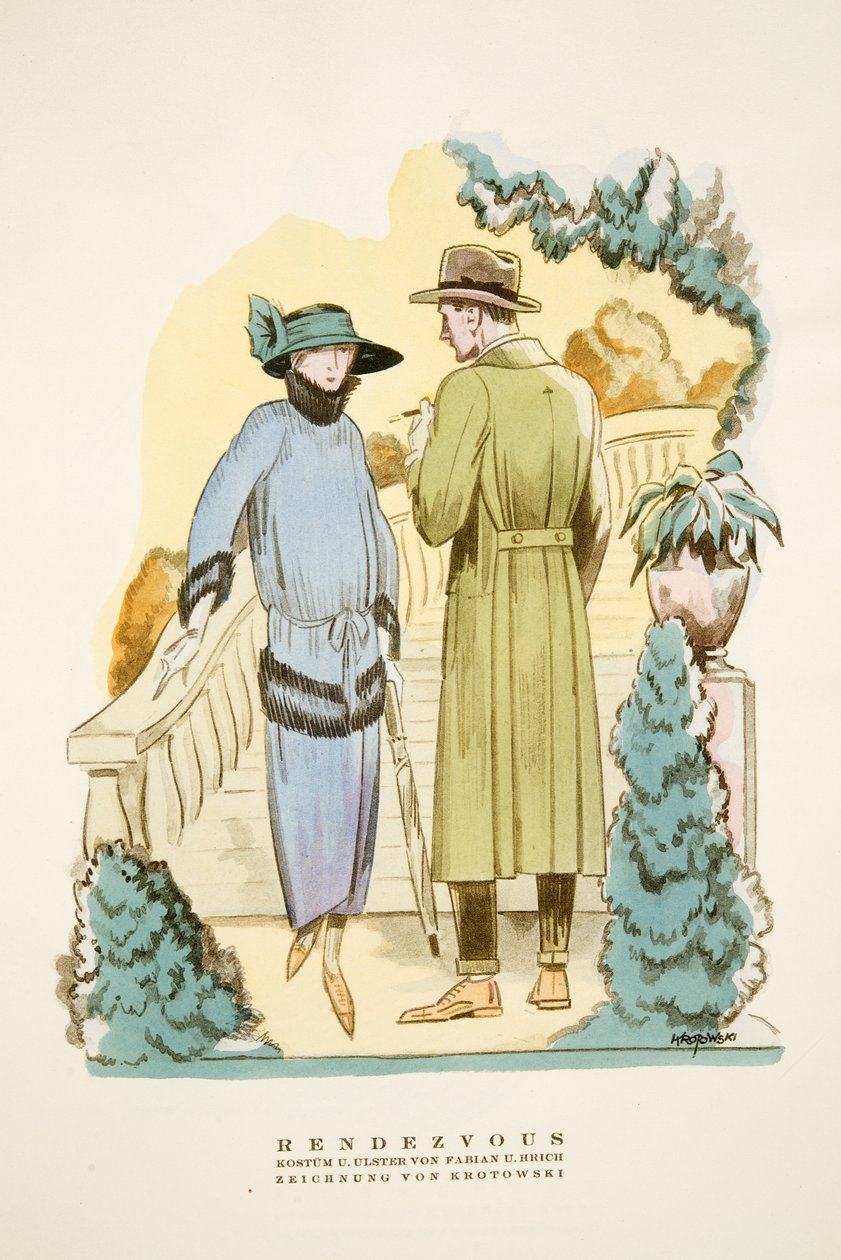 स्टाइल, पब.1922 (पोचोइर प्रिंट) से फैबियन एंड हेरिच द्वारा मिलन स्थल, पोशाक और "अल्स्टर" ओवरकोट द्वारा जर्मन स्कूल