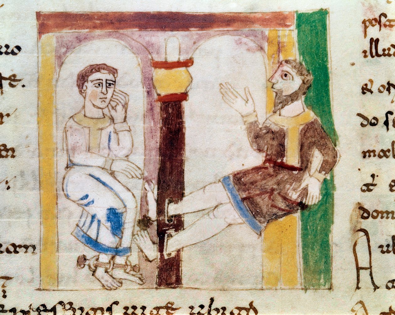 एक जेल में दो बंदियों का प्रतिनिधित्व, जिनमें से एक रबनस मौरस मैग्नेन्टियस (या रबन) द्वारा पांडुलिपि "" डी यूनिवर्सो "" (या डे रेरम नेचुरिस (डी ला नेचर डेस चॉस) (कोड। 132) से एक लघु स्तंभ से जुड़ा हुआ है। मौर या रबानो मौरो) (सीए। 78 द्वारा जर्मन स्कूल