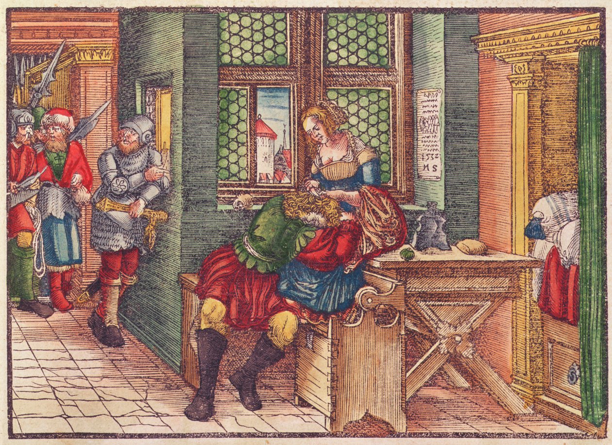 सैमसन और डेलिलाह, लूथर बाइबल से, c.1530 (रंगीन लकड़हारा) द्वारा जर्मन स्कूल