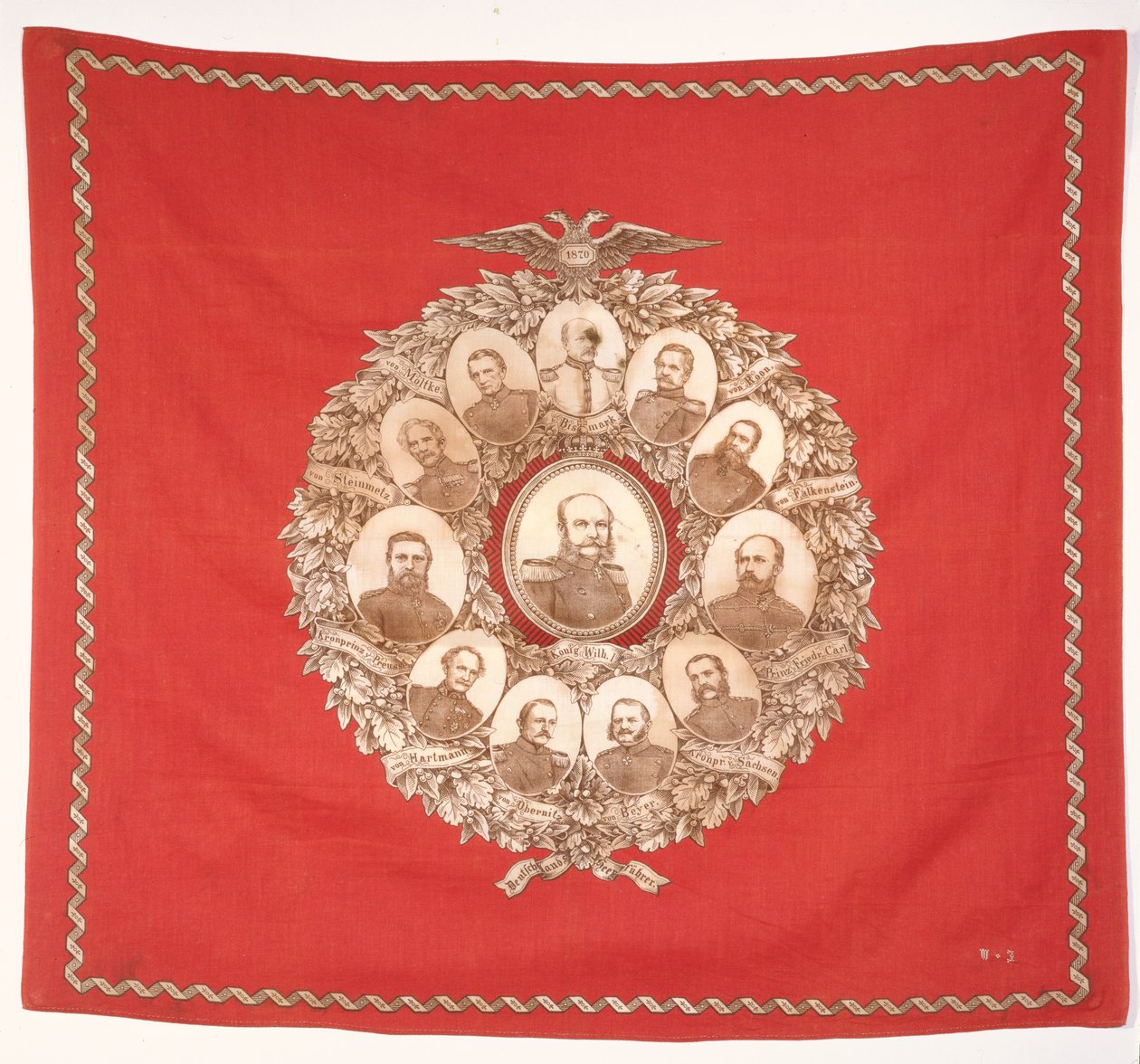 स्कार्फ जर्मन सम्राट, विल्हेम I (1797-1888) का चित्रण करता है जो फ्रैंको-प्रशिया युद्ध, 1870 (रेशम) के उत्सव में बिस्मार्क और विजयी दलदल से घिरा हुआ द्वारा जर्मन स्कूल