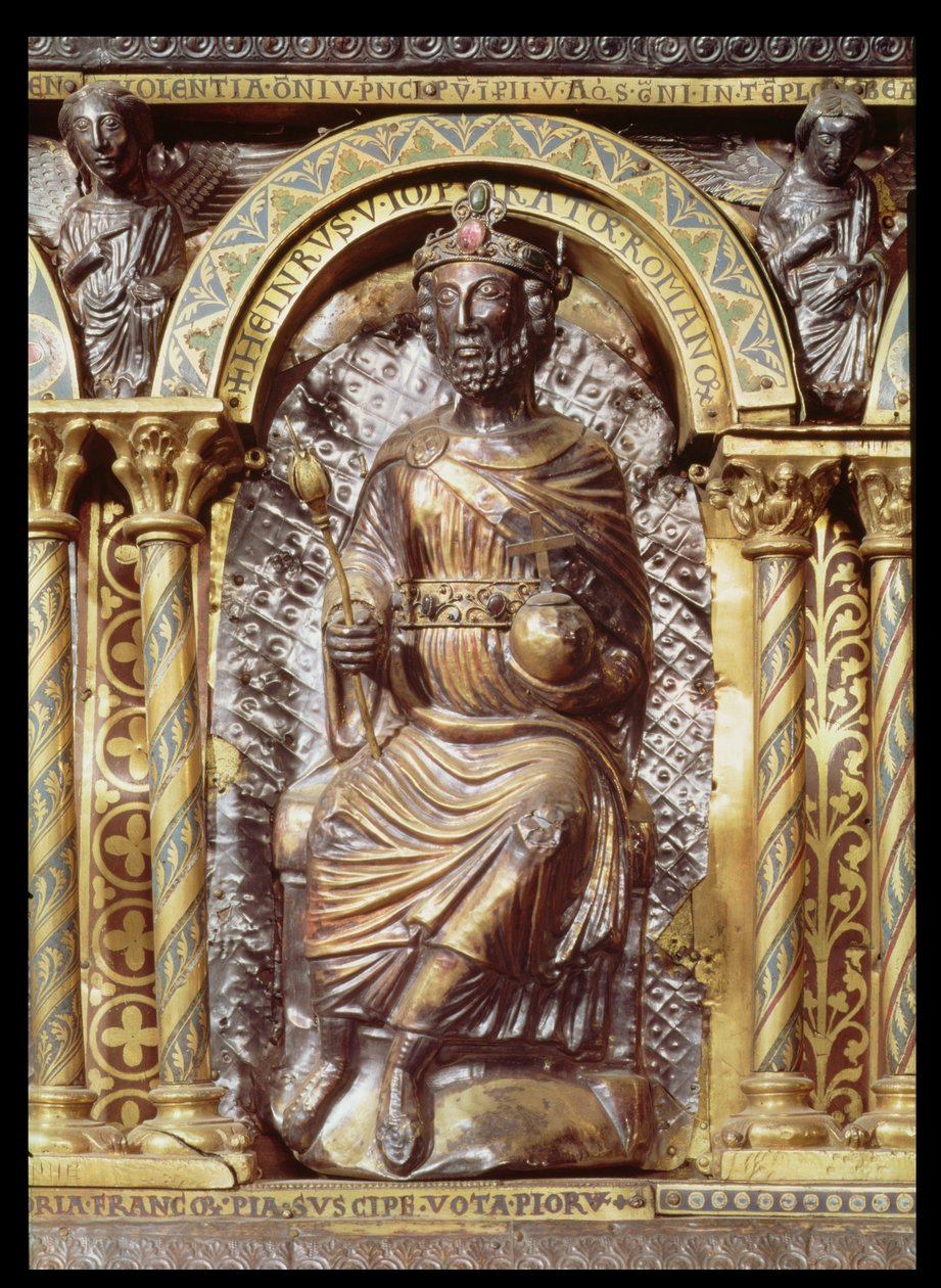 सम्राट शारलेमेन का श्राइन (742-814), हेनरी चतुर्थ (1050-1106) 1215 (सोना और चेंप्लेव तामचीनी) का विवरण द्वारा जर्मन स्कूल