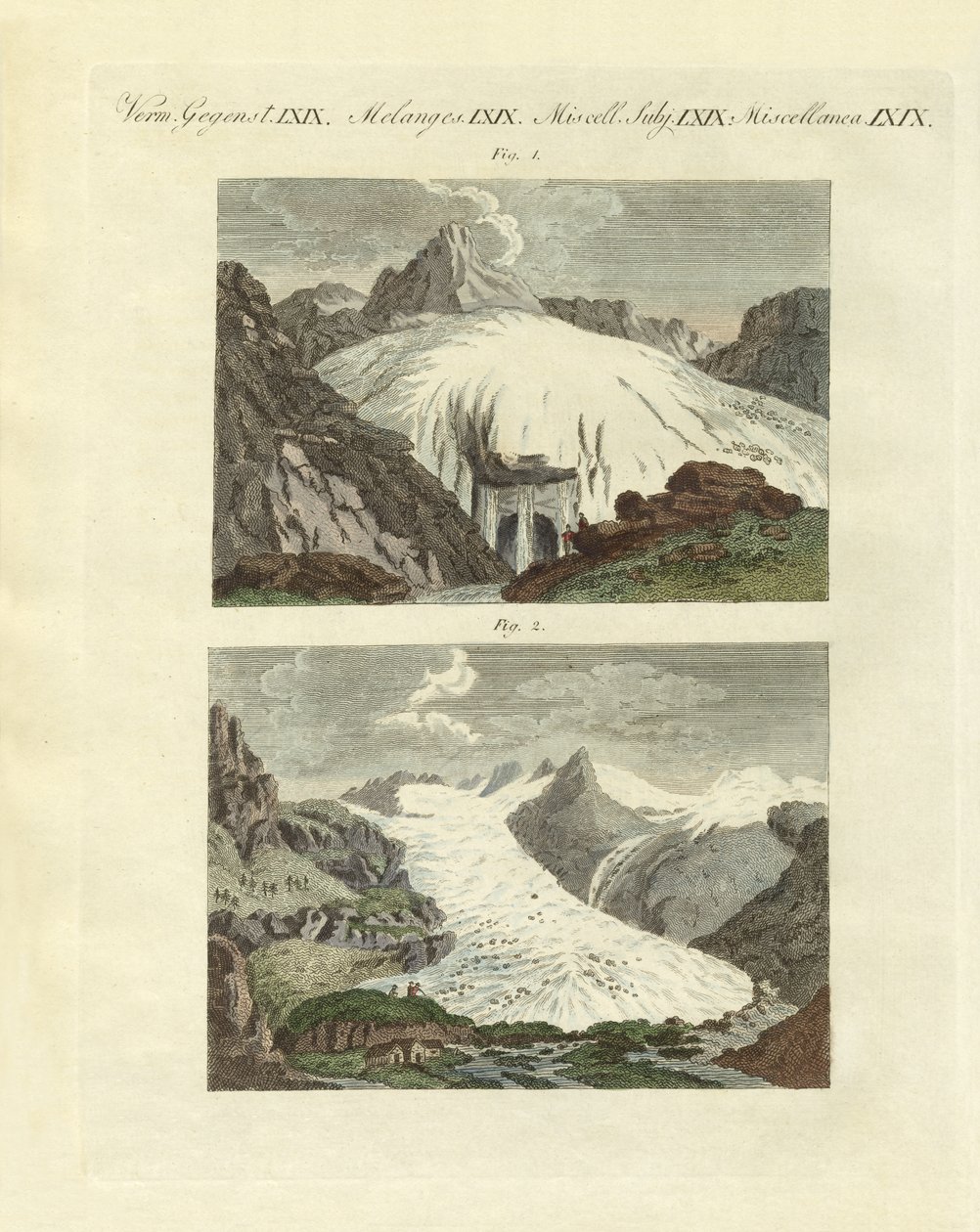 बड़ी नदियों के जन्म के रूप में अजीब हिमनद (रंगीन उत्कीर्णन) द्वारा जर्मन स्कूल