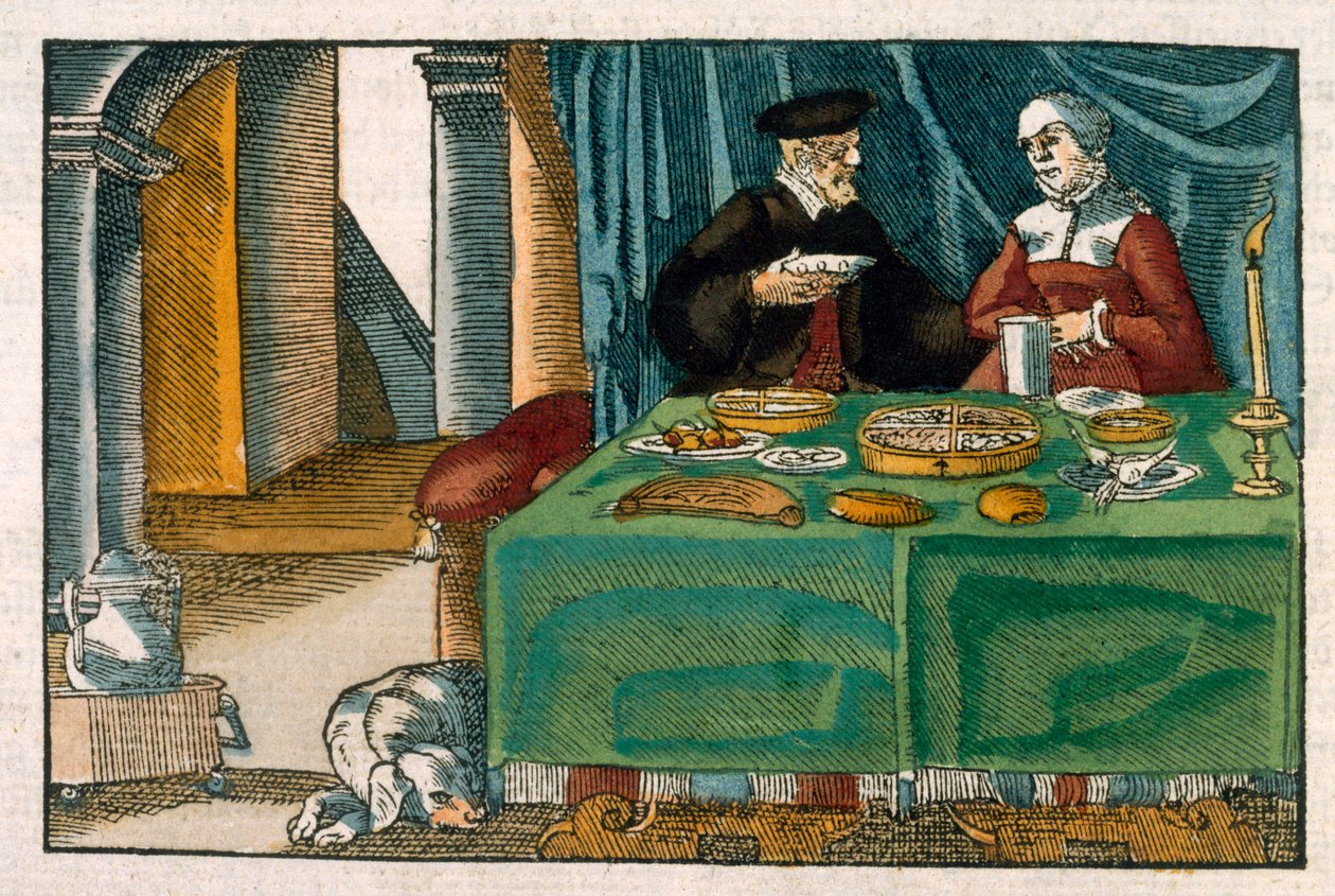 जर्मन पांडुलिपि से सीपर टेबल, c.1650 (हाथ से रंगीन उत्कीर्णन) द्वारा जर्मन स्कूल