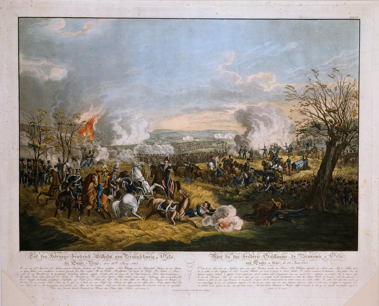 ब्रेटविक के फ्रेडरिक विलियम के ड्यूक की मृत्यु (1771-1815) - क्वाट्रे ब्रा की लड़ाई में, 16 जून 1815 को जेएल रगेंदास, 1815 (रंगीन जलीय) द्वारा प्रकाशित द्वारा जर्मन स्कूल