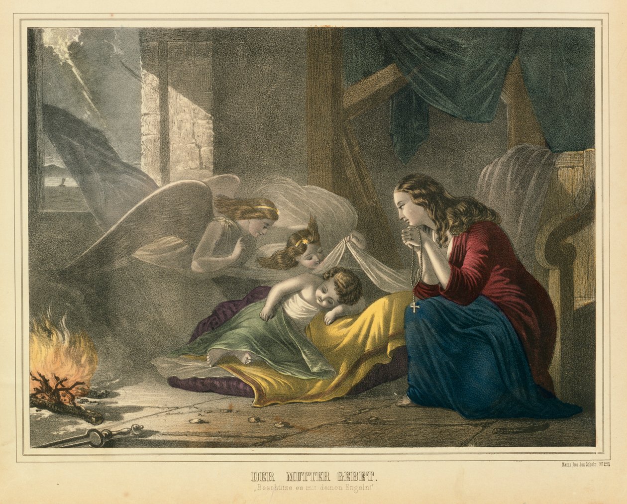 द मदर्स प्रेयर, जे। स्कोल्ज़, मेंज द्वारा प्रकाशित चित्रमय ब्रॉडशीट, c.1850 द्वारा जर्मन स्कूल