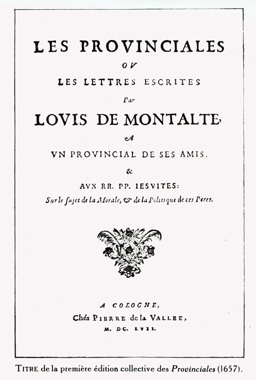 Blaise पास्कल (1623-62), एम्स्टर्डम, 1657 (कागज पर स्याही) द्वारा लेस प्रांतीय का शीर्षक पृष्ठ द्वारा जर्मन स्कूल