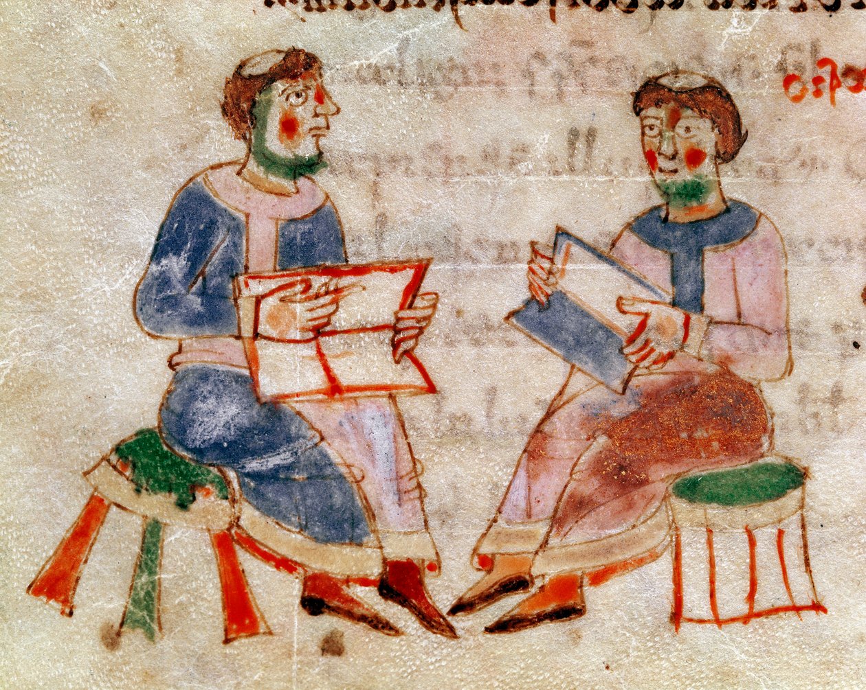 रबनस मौरस मैग्नेन्टियस (या रबन मौर) द्वारा "डी यूनिवर्सो" (या डी रेरम नेचुरिस (डी ला नेचर डेस चॉस)) (कॉड। 132) में वॉल्यूम "डी जिमनैजियम"" से चर्चा या लघु पाठ्यक्रम दृश्य पर चर्चा करने वाले दो भिक्षु या रबानो मौरो) (सीए. 780-856)।  द्वारा जर्मन स्कूल