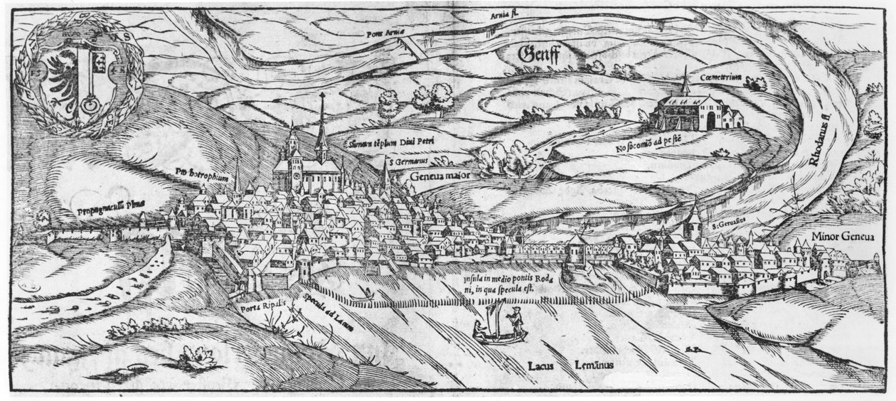 सेबेस्टियन मुंस्टर (1488-1552) बेसेल द्वारा कॉसमोग्राफी यूनिवर्स से जिनेवा का दृश्य, 1559 प्रकाशित द्वारा जर्मन स्कूल