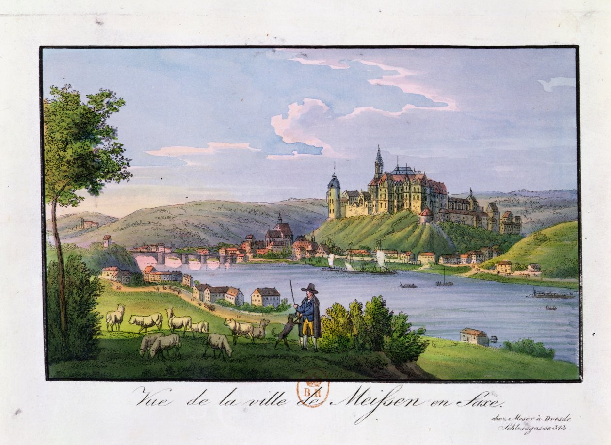 मीज़ेन शहर का दृश्य, ईसाई सैमुअल हैनीमैन का जन्म स्थान (1755-1843), (रंग उत्कीर्णन) द्वारा जर्मन स्कूल