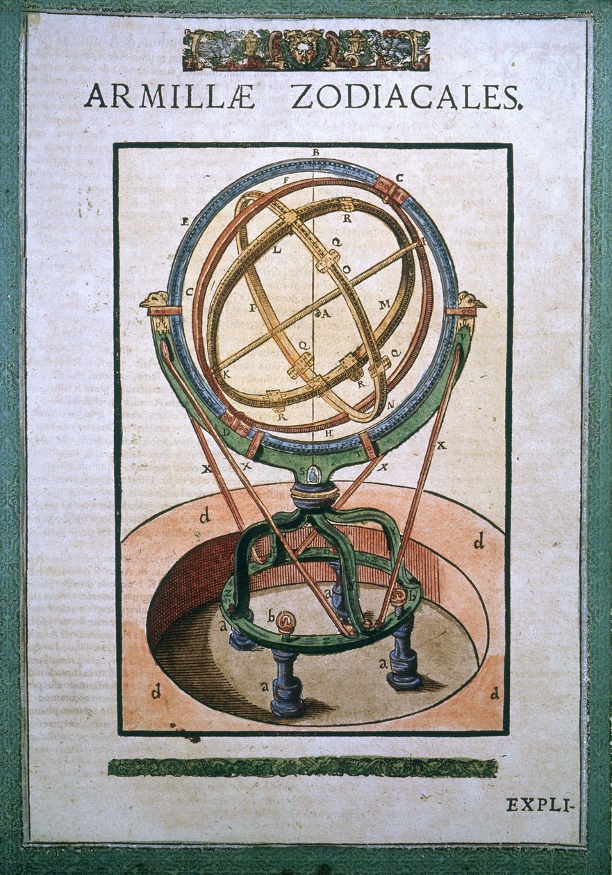 टाइको ब्राहे (1546 - 1601), वैंड्सबेक द्वारा "द इंस्टीट्यूट ऑफ एस्ट्रोनॉमी" में राशि चक्र आर्मिलरी क्षेत्र द्वारा जर्मन स्कूल