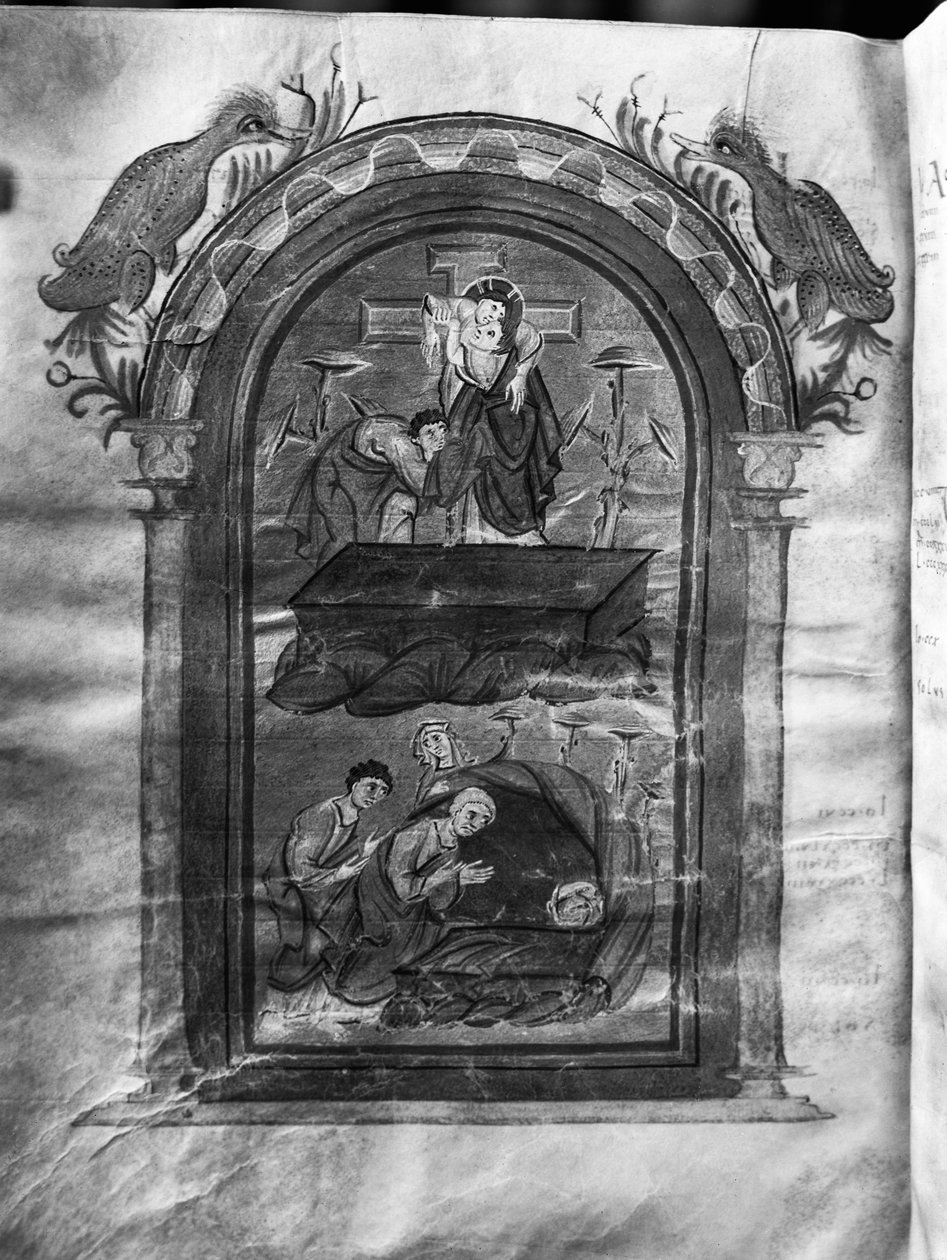 f.234v, क्रूस से उतरना और कब्र पर शिष्यों की यात्रा, लिउथर-इवेंजेलियार / ओटो-इवेंजेलियार, c.990 (वेल्लम पर तापमान) द्वारा जर्मन स्कूल