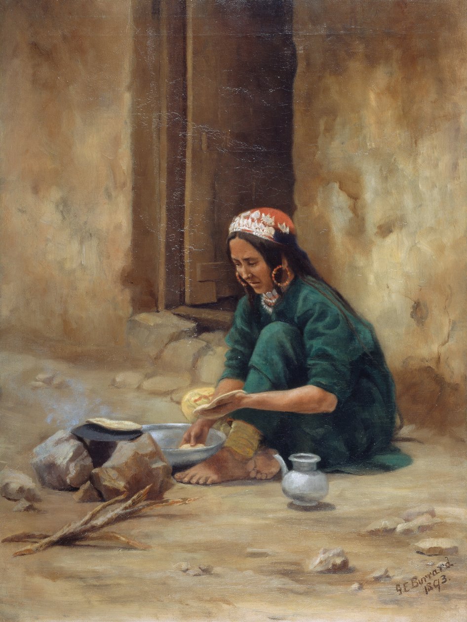 लद्दाख की एक पहाड़ी महिला, अपना खाना पका रही है, 1893 द्वारा गर्ट्रूड एलेन बरार्ड