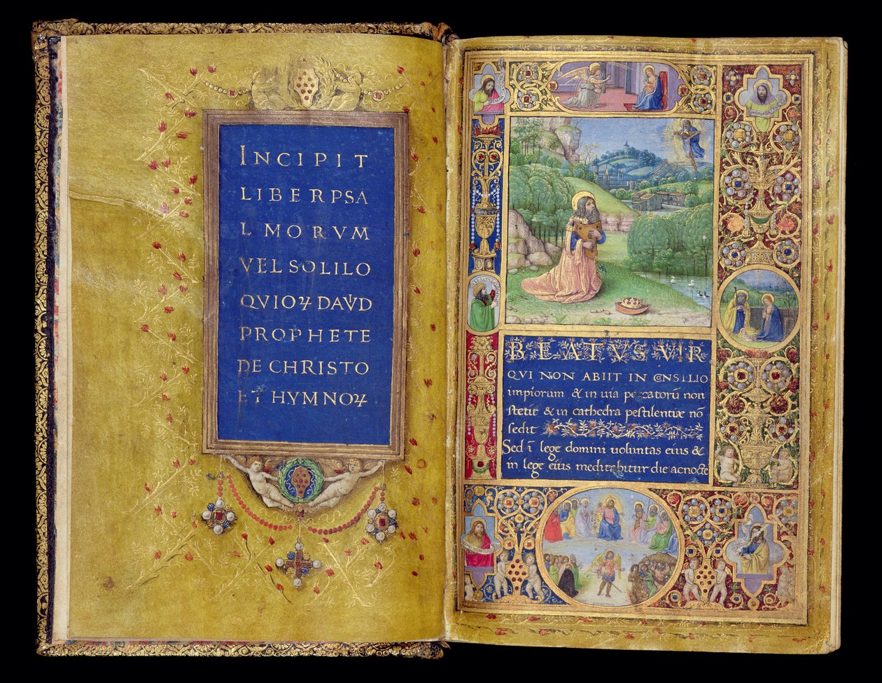 सुश्री 37-1950, ff.1v-2r: मेडीसी सोल्डर, फ्लोरेंस, c.1480-90 (चर्मपत्र पर सोने की स्याही और गुस्सा) से प्रार्थना में किंग डेविड का शीर्षक पृष्ठ और लघु द्वारा गेरार्डो डि जियोवानी डी मिनीटो