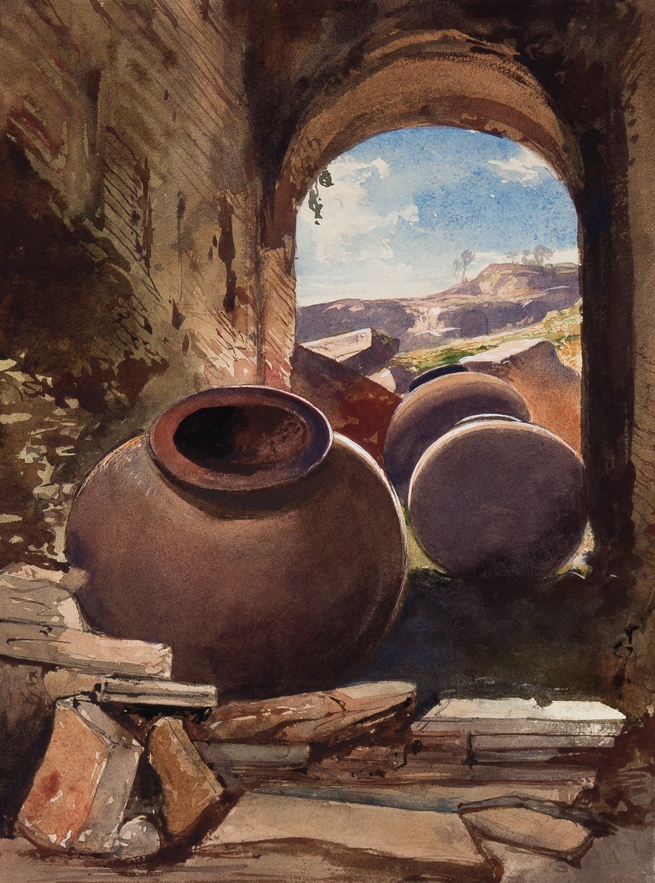 एक खंडहर में Amphorae, एक बोरबोन पुतली द्वारा जोड़ के साथ (पेंसिल, कागज पर und gouache) द्वारा गियासिंटो गिगांटे