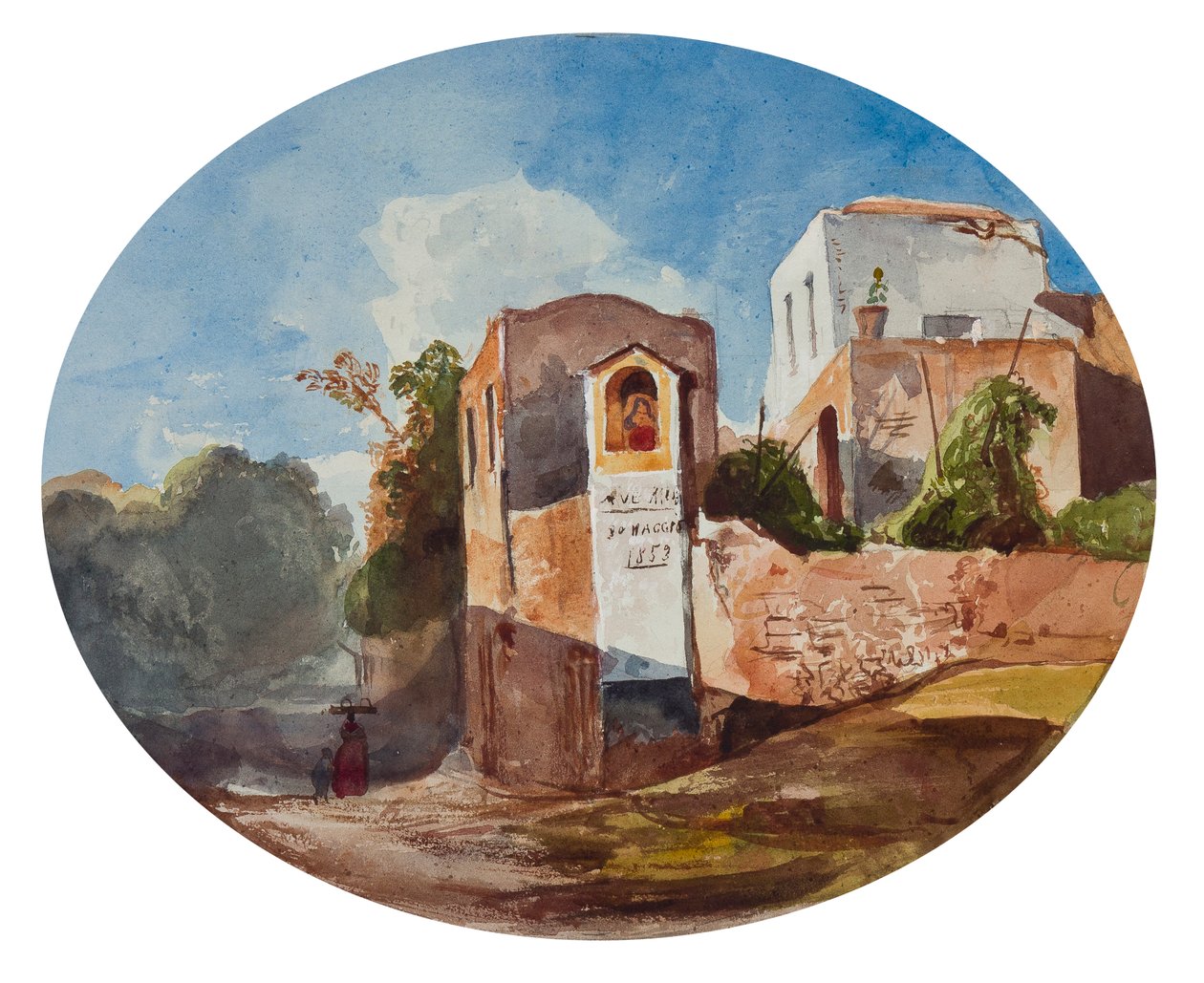 सड़क के किनारे का मंदिर, एक बोरबोन पुतली द्वारा परिवर्धन के साथ, 1853 (कागज पर पेंसिल, wc und gouache) द्वारा गियासिंटो गिगांटे