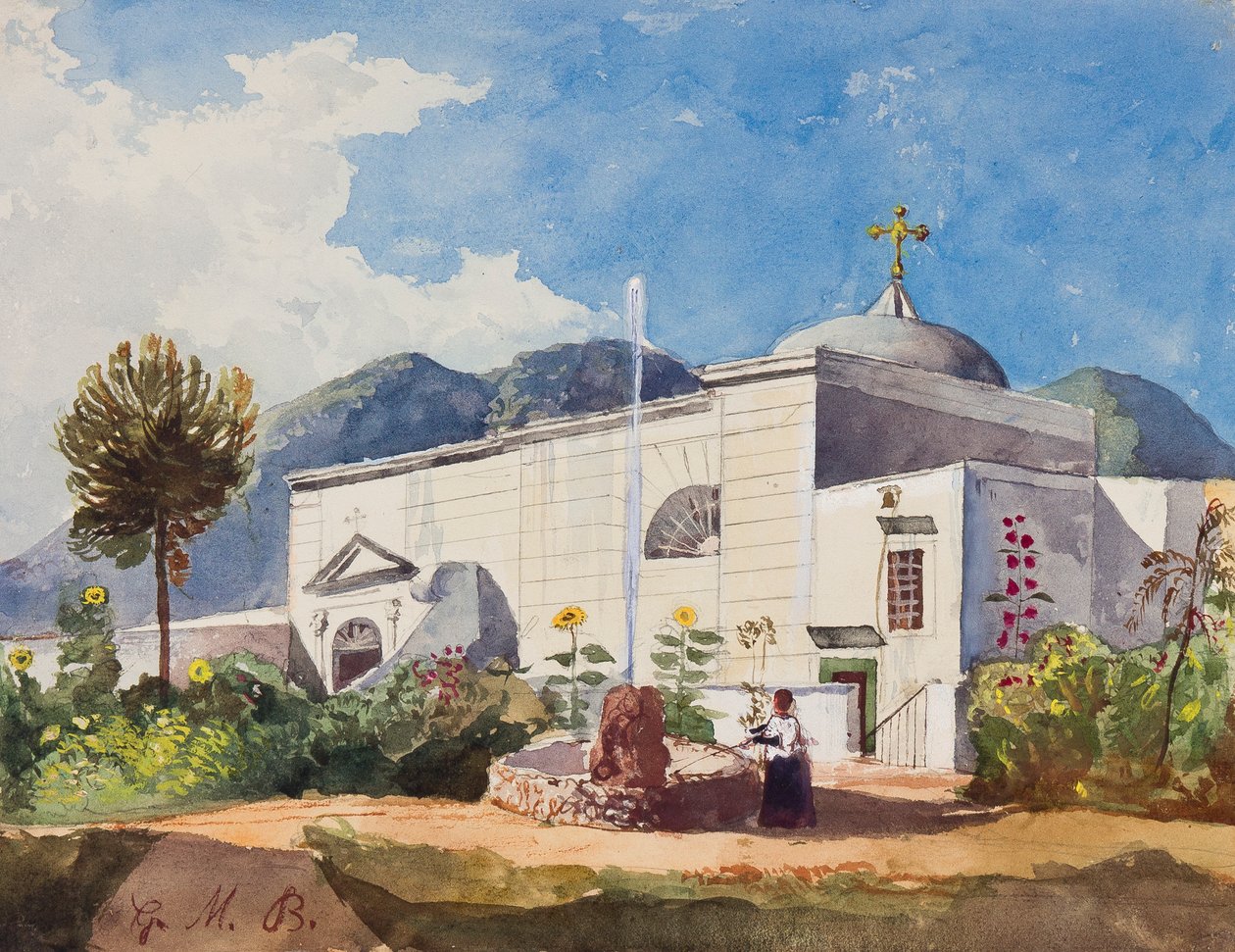 चर्च और फव्वारा, संभवतः राजकुमार गेटानो मारिया फेडेरिको डि बोरबोन (1846-1871) द्वारा पेंसिल के साथ एक रॉयल निवास का बगीचा, (कागज पर wc und gouache द्वारा गियासिंटो गिगांटे