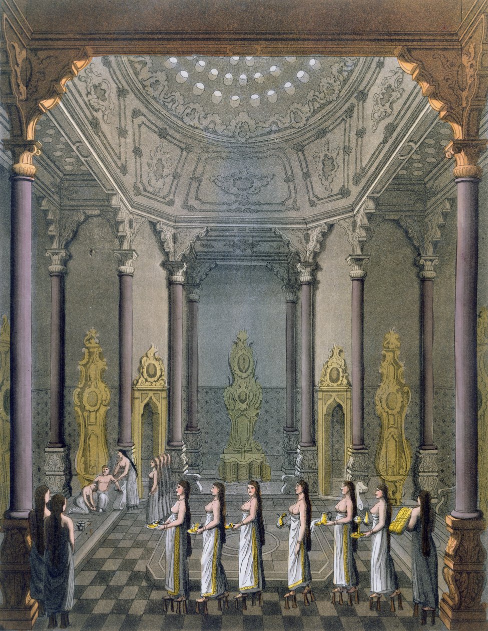 मिलन c.1820s-30s (रंग उत्कीर्णन) में प्रकाशित जूल्स फेरारियो द्वारा &39;ओ कॉस्ट्यूम एनसीन एट मॉडर्न&39; से एक ओटोमन सुल्तान ने अपने हरम के साथ स्नान किया। द्वारा जियाकोमो बूसी
