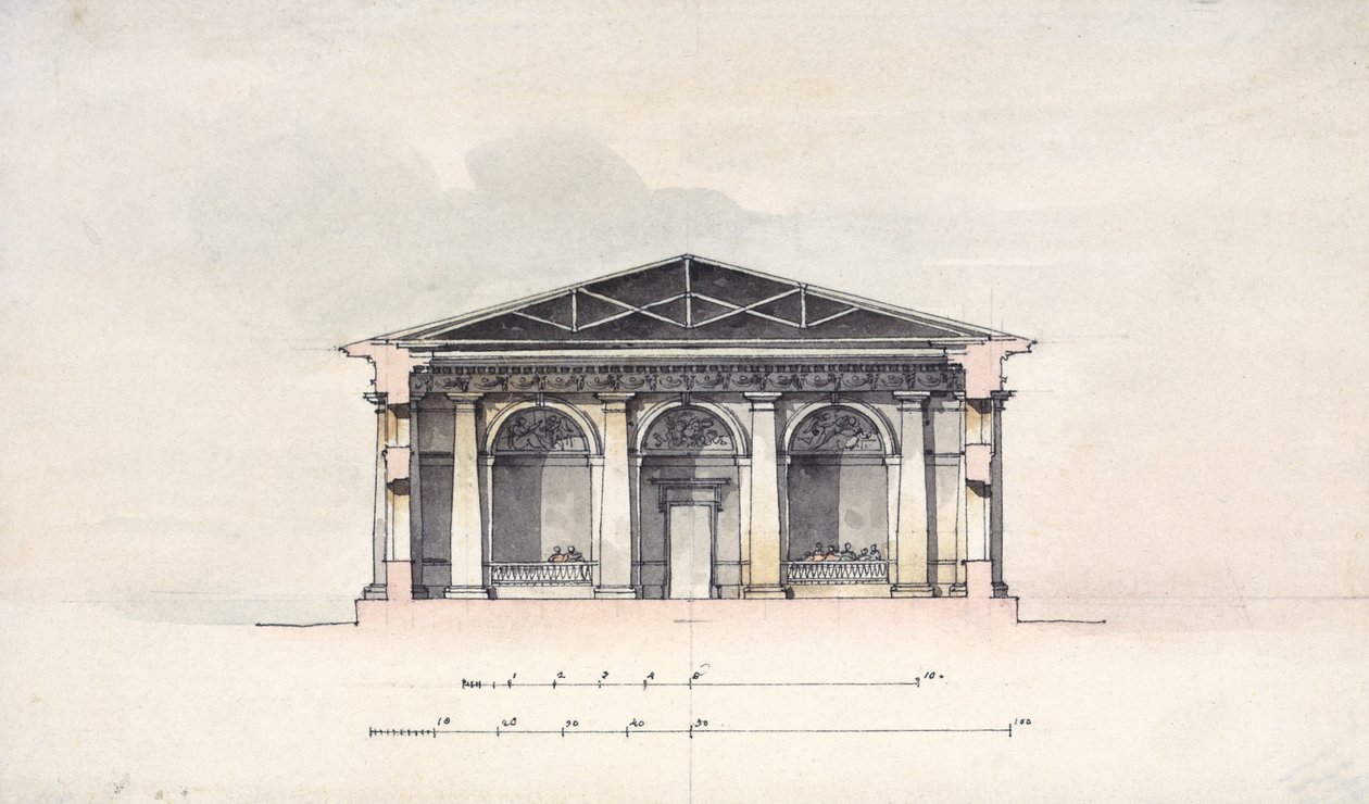 Tsarskoye Selo, 1792 में राइडिंग अस्तबल का क्रॉस-सेक्शन दृश्य (कागज पर पेन इन स्याही और wc) द्वारा जियाकोमो एंटोनियो डॉमेनिको क्वेर्नेगी
