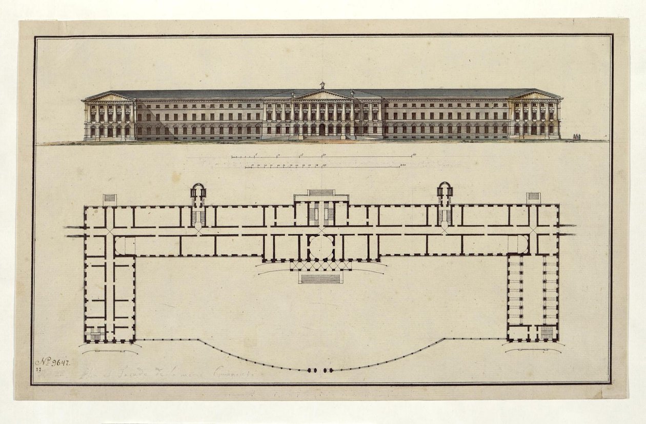 स्मॉली संस्थान की परियोजना। मुख्य मुखौटा और ग्राउंड फ्लोर योजना, 1806-1808 द्वारा जियाकोमो एंटोनियो डॉमेनिको क्वेर्नेगी