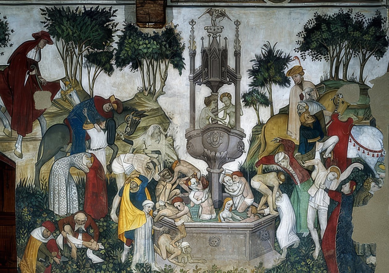 जवानी का फव्वारा। विस्तार: फव्वारे में पहुंचना और स्नान करना। 1418-1430 द्वारा जियाकोमो जैकेरियो
