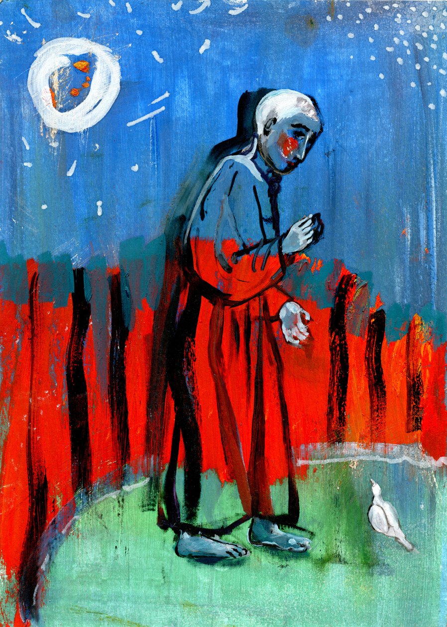 पक्षियों को दूध पिलाना। Giotto, 2015 के बाद, (कागज पर तेल) द्वारा गिगी सडबरी