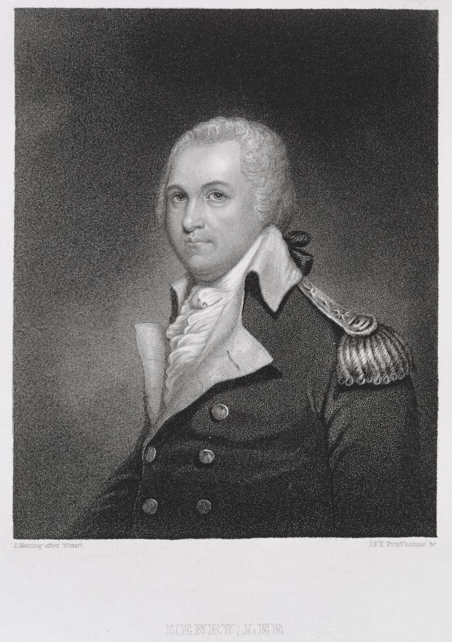 जनरल हेनरी ली (1756-1818), जेम्स हेरिंग (1794-1867) द्वारा मूल पेंटिंग की एक प्रति के बाद जॉन फ्रांसिस यूजीन प्रुडोम्मे (1800-92) द्वारा उकेरा गया। द्वारा स्टुअर्ट के बाद गिल्बर्ट