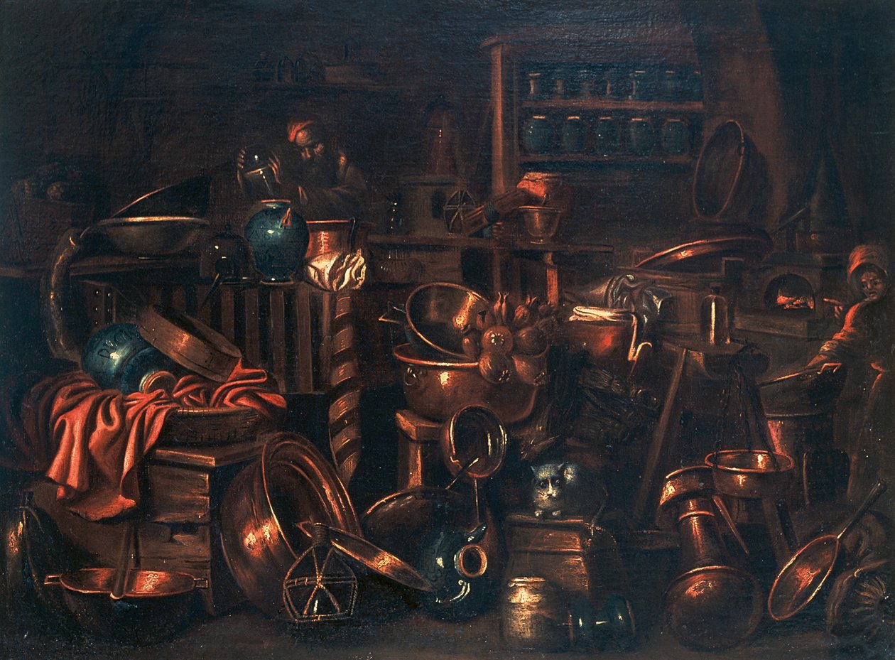 अल्केमिस्ट की प्रयोगशाला, जियान डोमेनिको वैलेंटिनो (1630-1708), इटली द्वारा पेंटिंग द्वारा गिओवान डोमेनिको वैलेंटिनो
