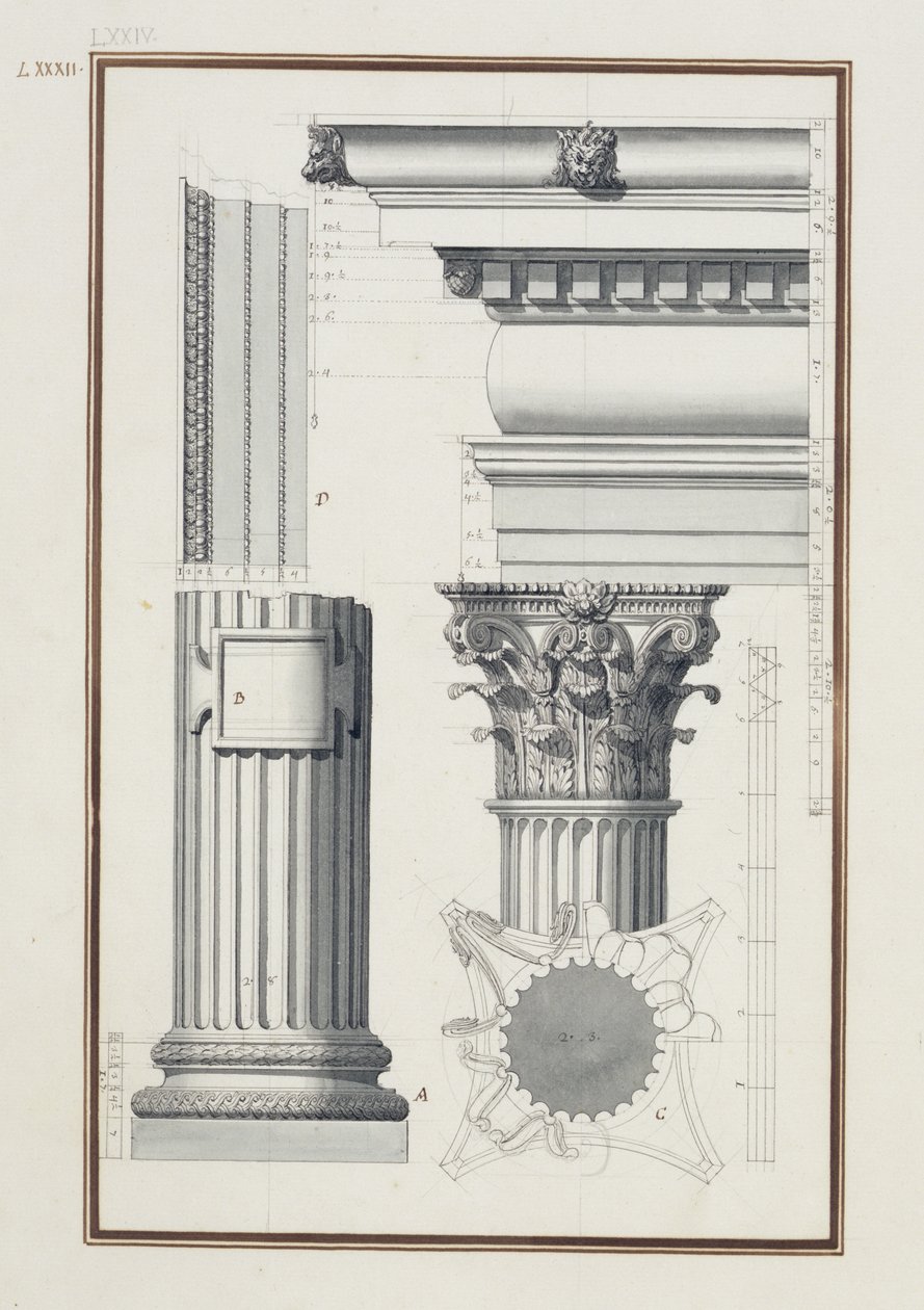 कम्पोजिट ऑर्डर का विवरण, c.1750 (भूरे और काले रंग की स्याही और ग्रेफाइट से अधिक कागज पर धोएं) द्वारा जियोवन्नी बतिस्ता बोर्रा