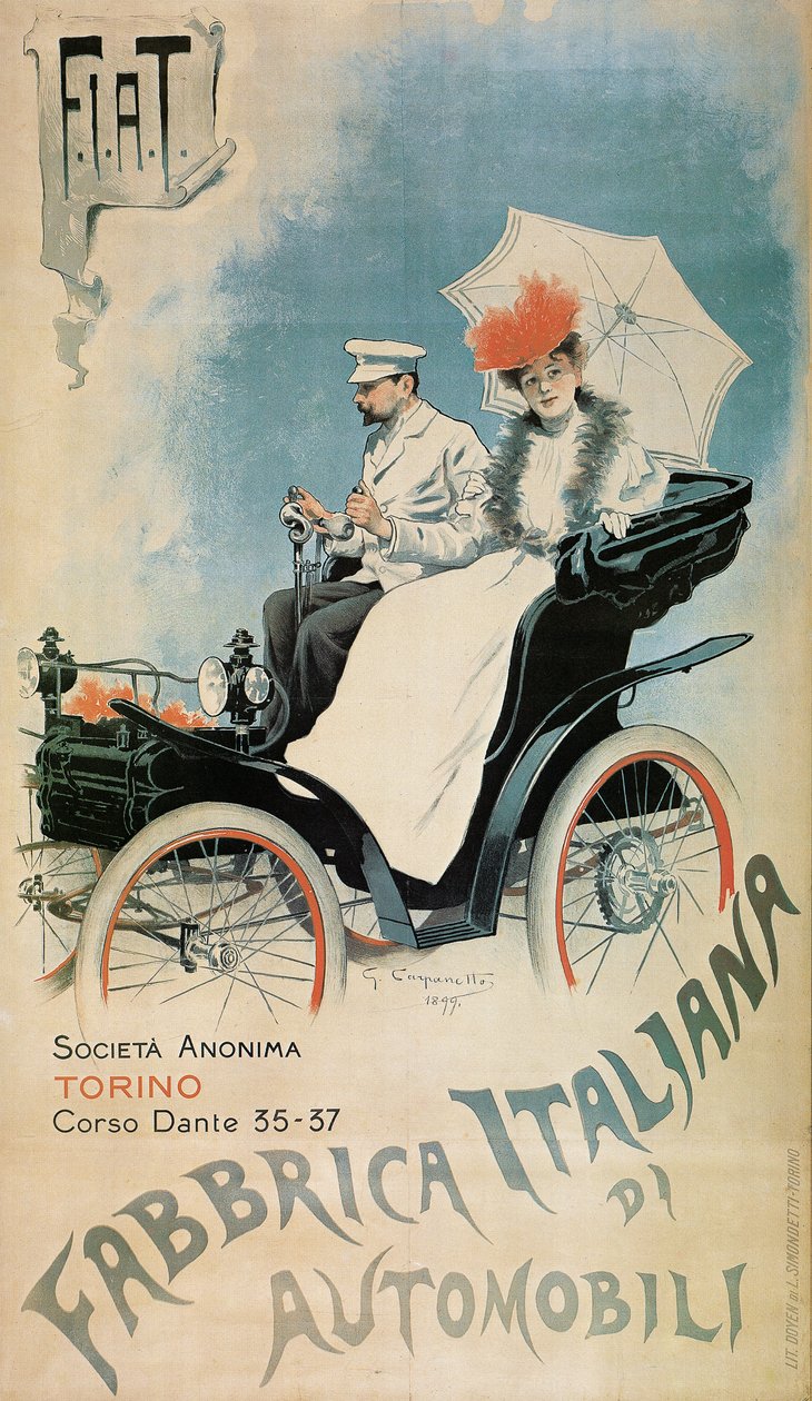 पोस्टर एक प्रारंभिक FIAT कार, 1899 द्वारा जियोवन्नी बतिस्ता कारपेनेटो