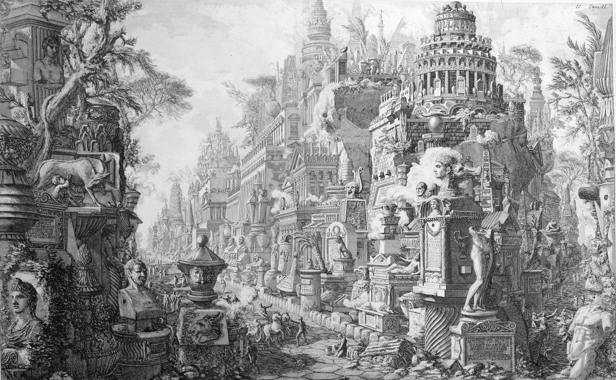 रोम और उसके इतिहास का अल-प्रायोगिक फ्रंटस्पाईज, पेरिस में 1835 में प्रकाशित &39;ले एंटिचता रोमेन डी जीबी पिरानेसी (1756)&39; द्वारा जियोवन्नी बतिस्ता पिरनेसी